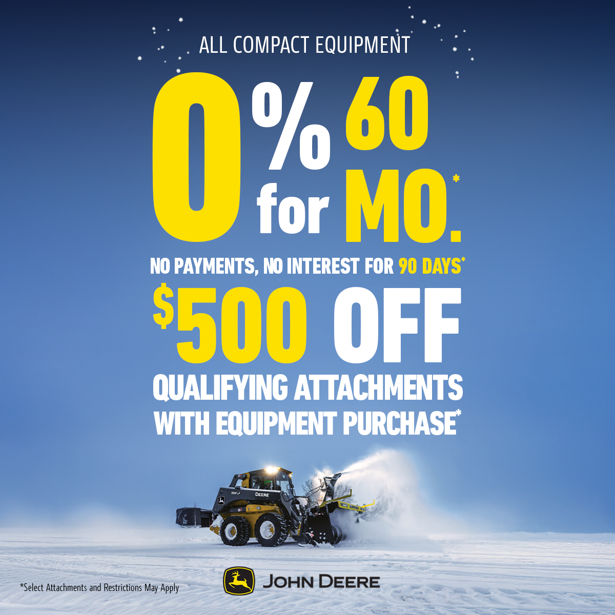 0% for 60 Months* and 90 days No Payment, No Interest on all NEW John Deere Compact Equipment